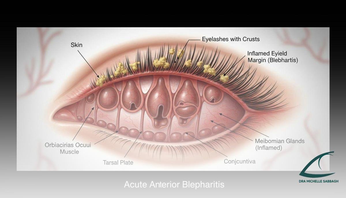 Sintomas que indicam blefarite aguda na pálpebra superior